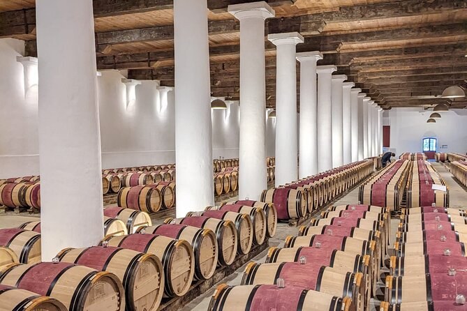 A barrel hall of white columns and timber beams, the casks banded in wine red