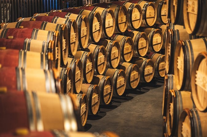 Barrels stacked in curving tiers in a cellar