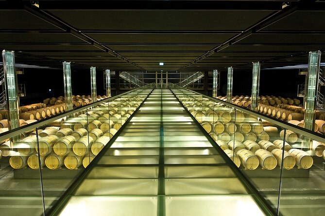 A glass-floored walkway over a lit cellar of barrels