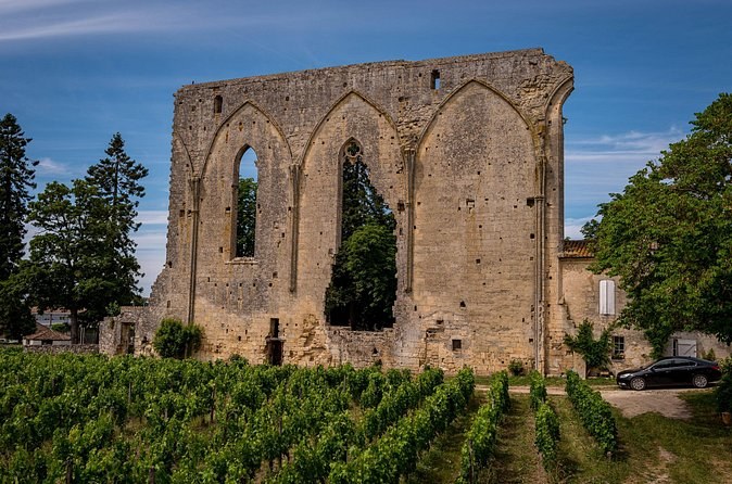 The Grandes Murailles, the tall ruined wall of a medieval church, above the vines at Saint-Émilion